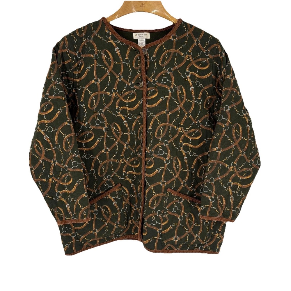 Jones New York Jacket Womens 1X Green Quilted Equestrian Horse Bit Print Topper